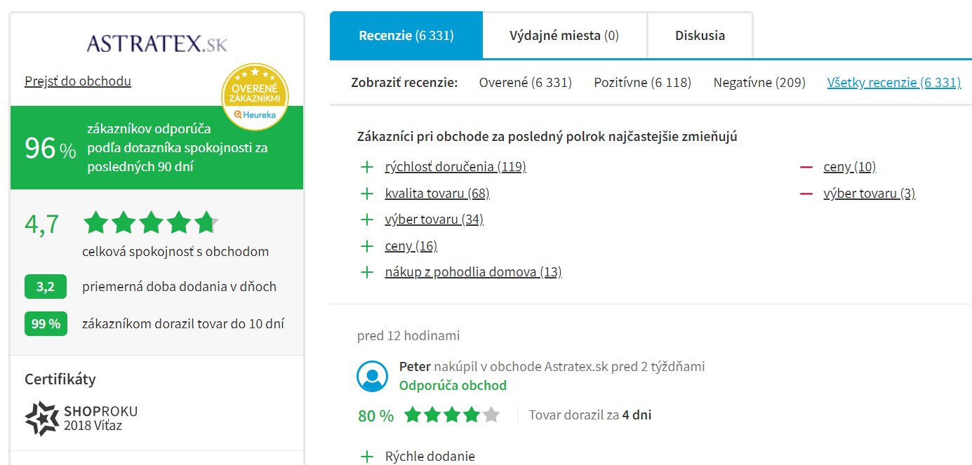 Hodnotenie e-shopu astratex.sk na portáli heureka.sk
