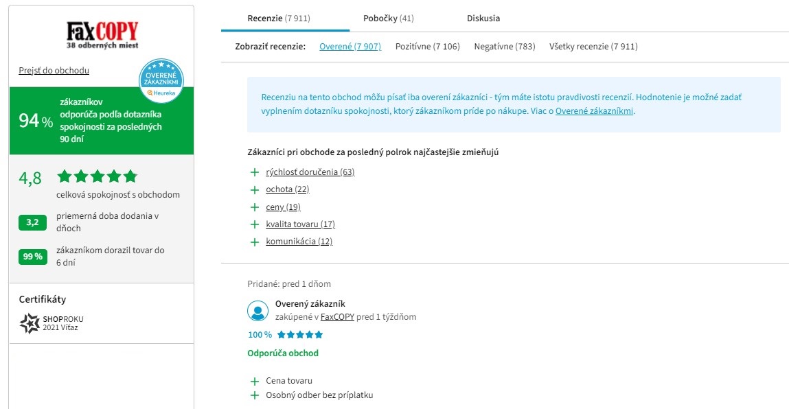 Recenzie a skúsenosti s e-shopom Faxcopy.sk