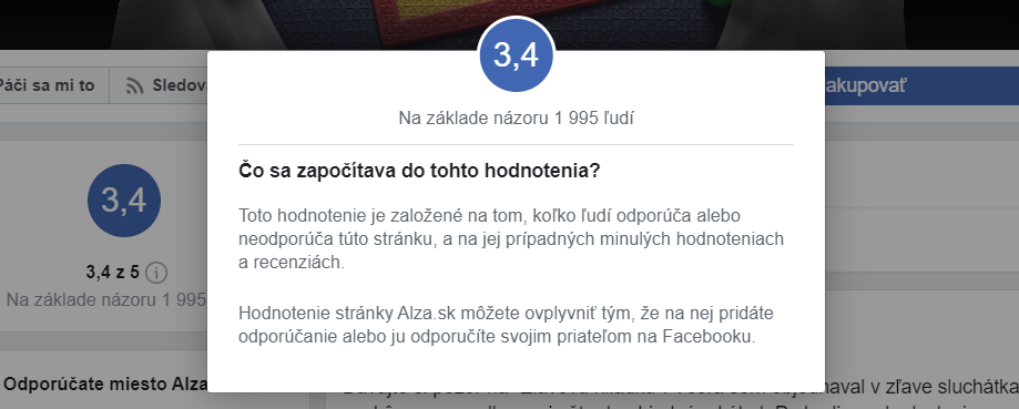 Alza.sk hodnotenie e-shopu na Facebooku