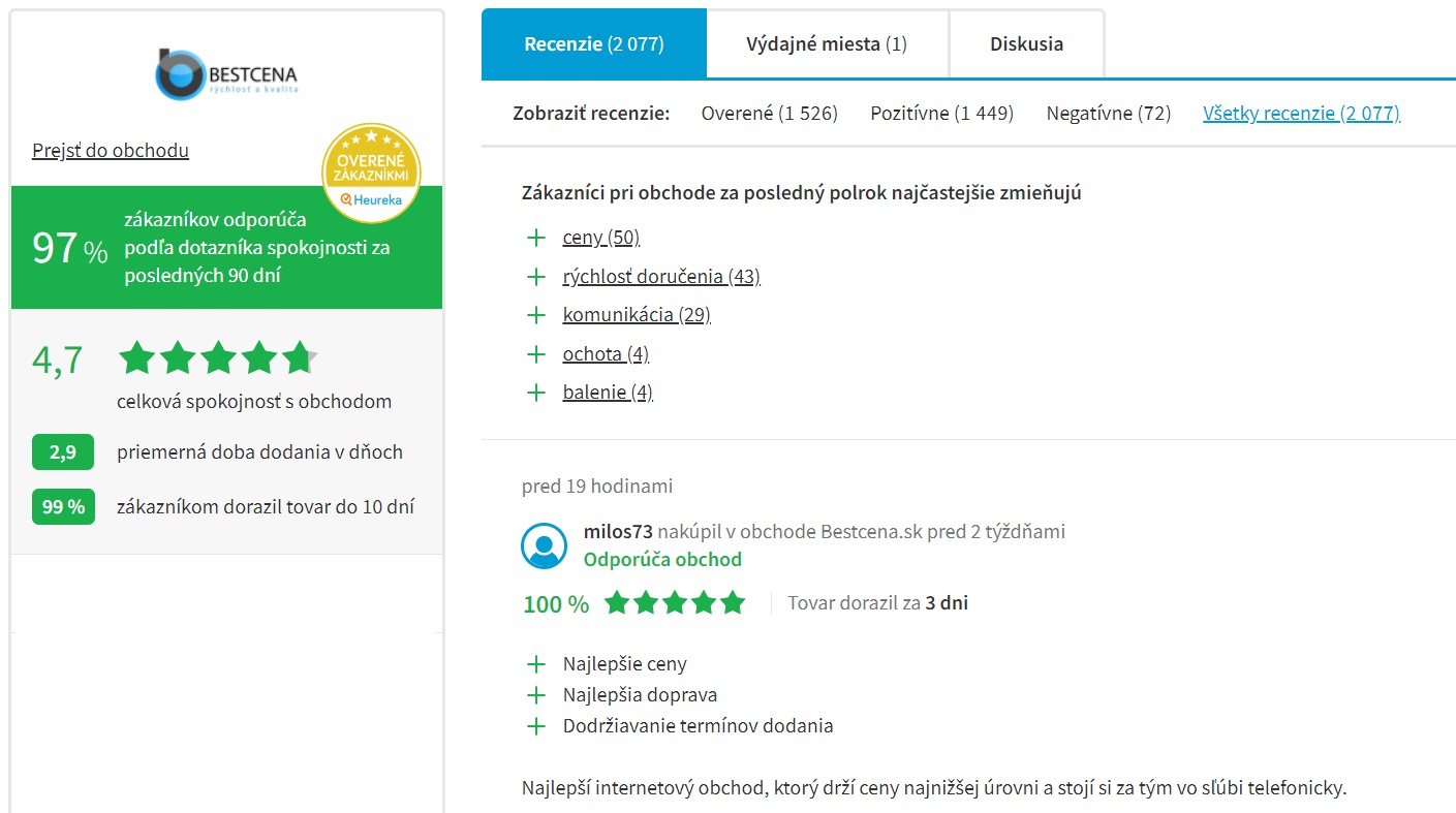 Hodnotenie e-shopu Bestcena.sk na portáli Heureka.sk