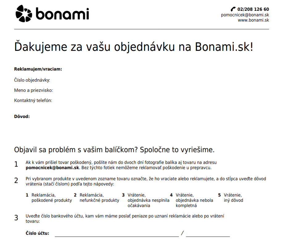 Formulár na odstúpenie od zmluvy - vrátenie/reklamáciu tovaru bonami.sk