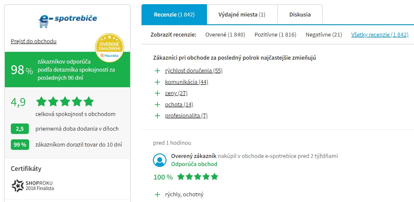 Hodnotenie e-shopu e-spotrebice.sk na portáli heureka.sk