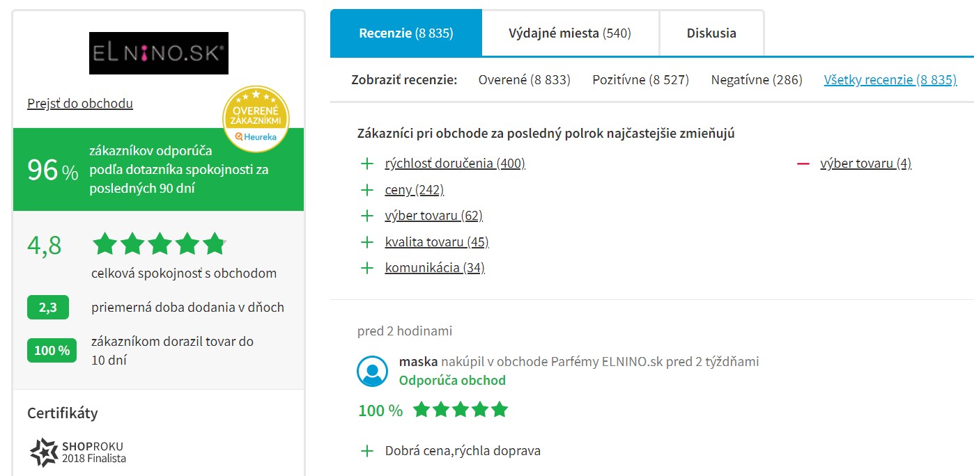 Hodnotenie e-shopu parfemy-elnino.sk na portáli heureka.sk
