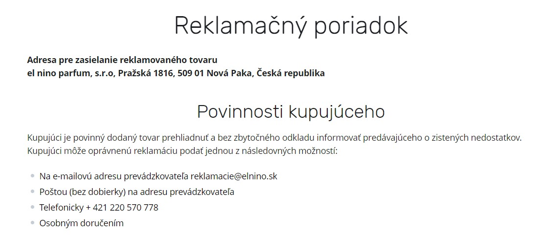 parfemy-elnino.sk reklamačný poriadok