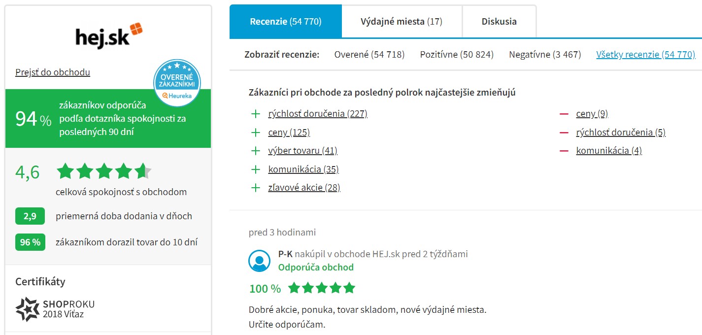 Hodnotenie e-shopu Hej.sk na portáli Heureka.sk