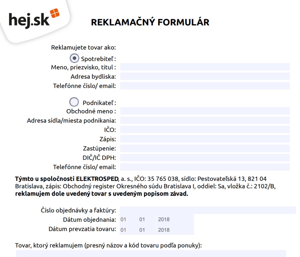 Hej.sk - reklamačný formulár