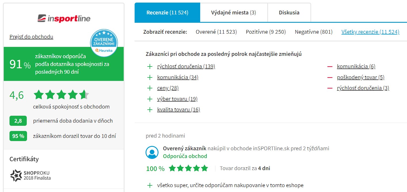 Hodnotenie e-shopu insportline.sk na portáli heureka.sk