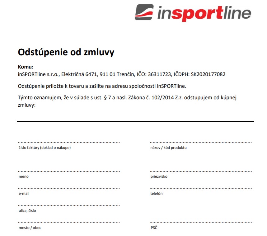 insportline.sk formulár o odstúpeni od zmluvy