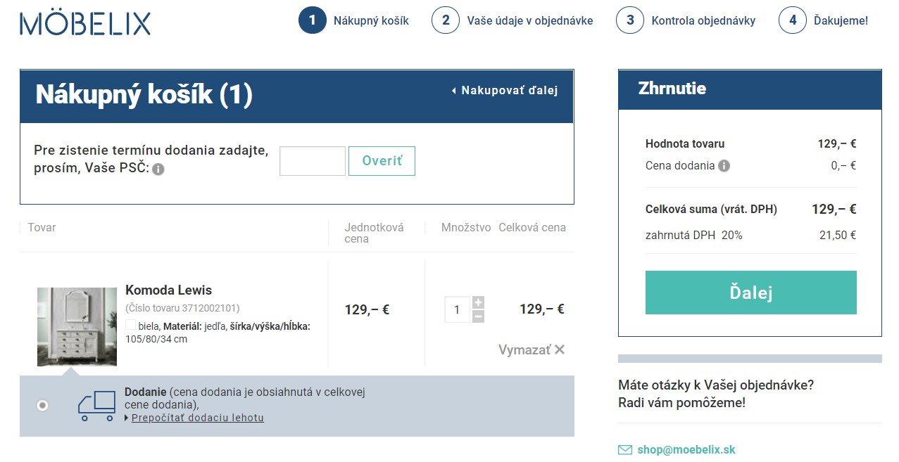 Nákup tovaru v e-shope moebelix.sk