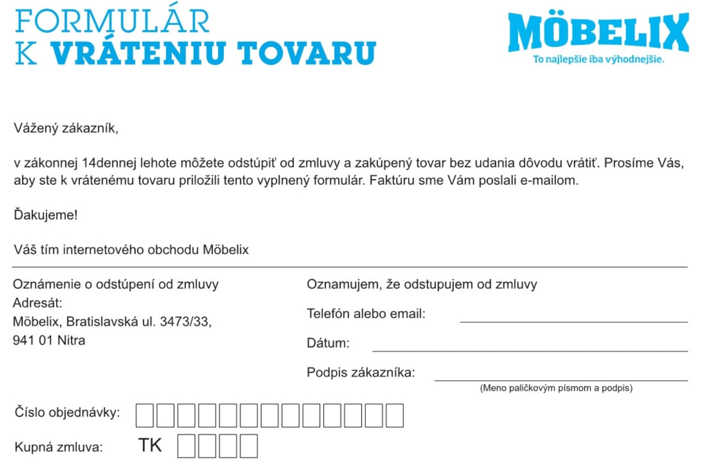 Formulár na vrátenie tovaru Möbelix