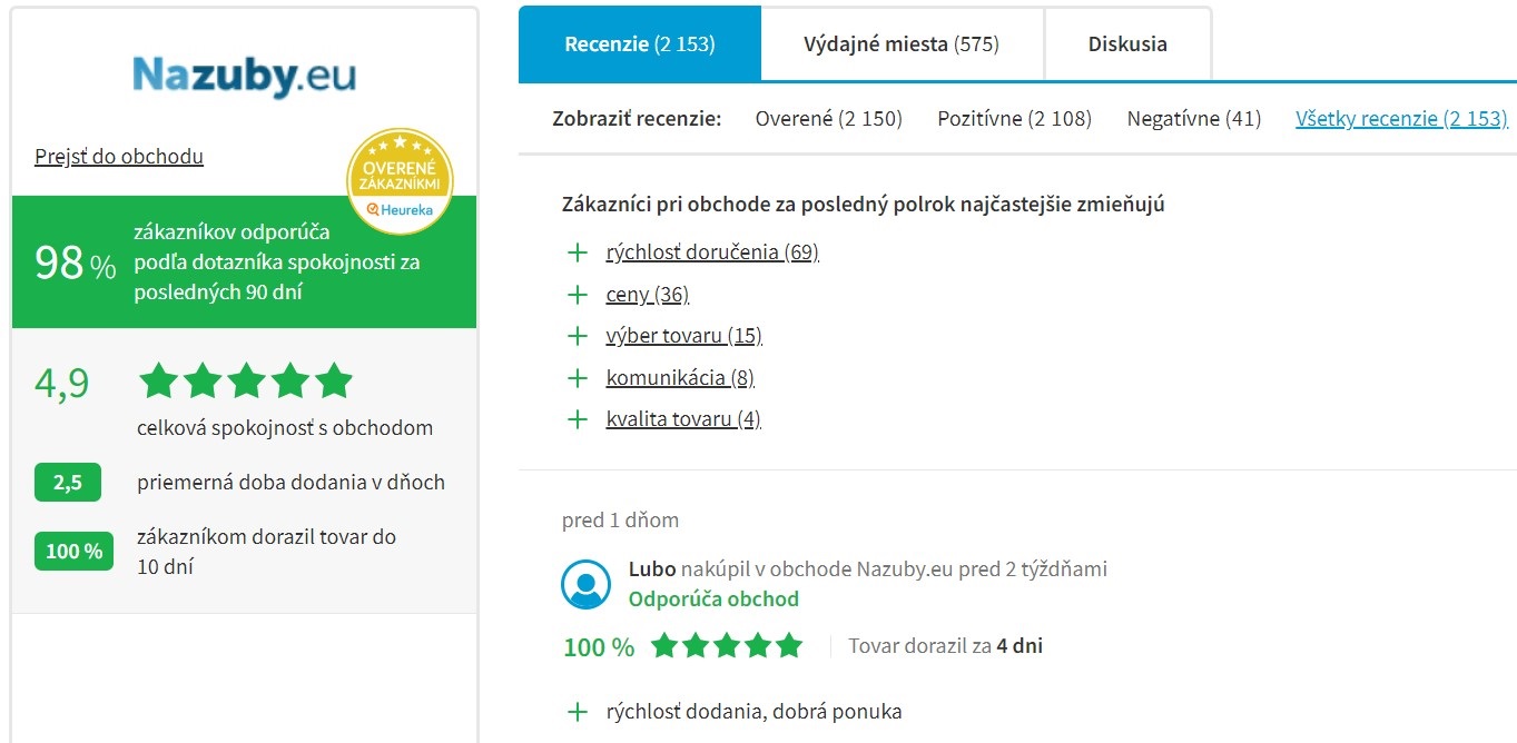 Hodnotenie e-shopu nazuby.eu na portáli heureka.sk