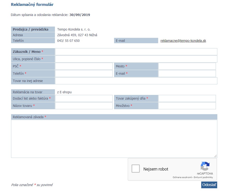 Reklamačný formulár Temponabytok.sk