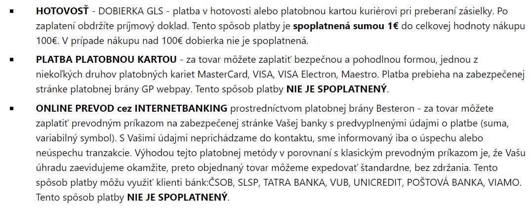 Možnosti platby v obchode Topgal.sk