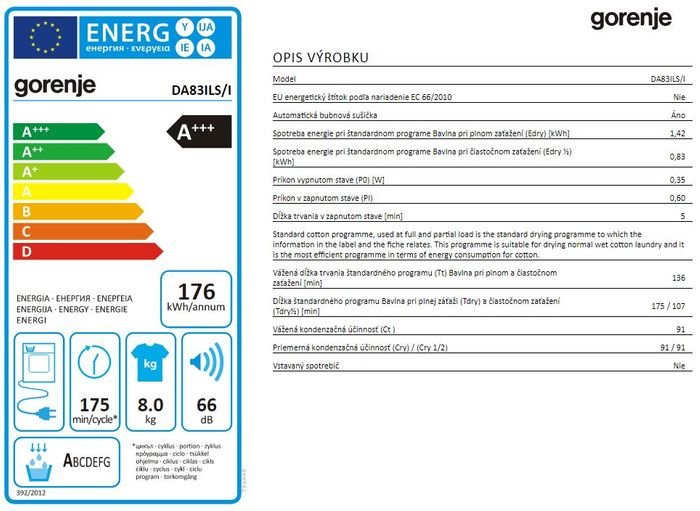 Energetický štítok sušičky Gorenje DA83ILS/I