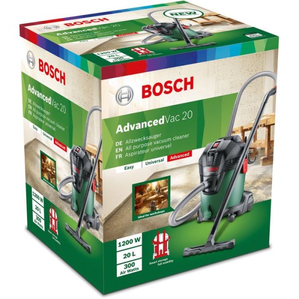 Priemyselný vysávač Bosch Advanced Vac 20 sa môže pochváliť bohatým príslušenstvom